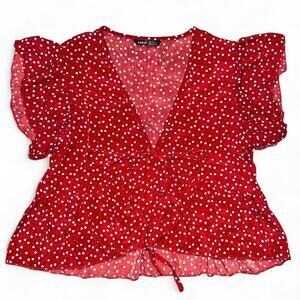 Red Heart Print Wrap Blouse Womens Small Cottagecore Valentines Top